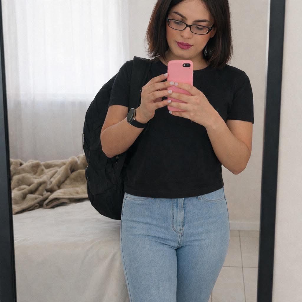 Photo of me standing in front of a mirror in a black tee and light jeans